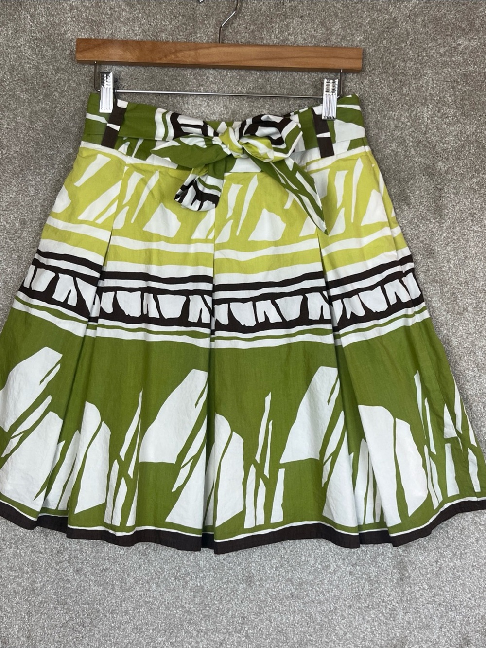 Talbots Skirt Womens 2 Petite Green White Cotton Flare Lined Belted- 5103